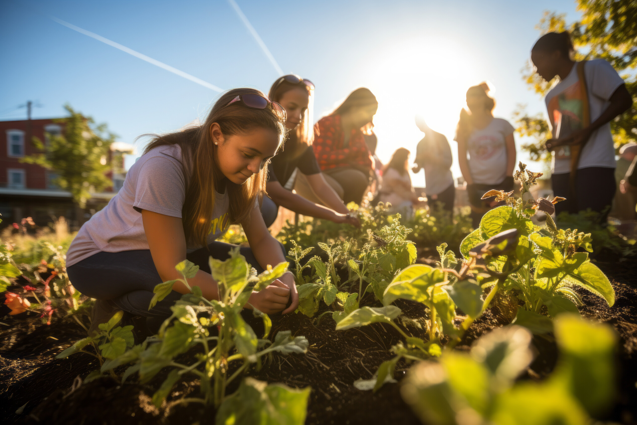 Teen girls at a community garden, planting and gardening together